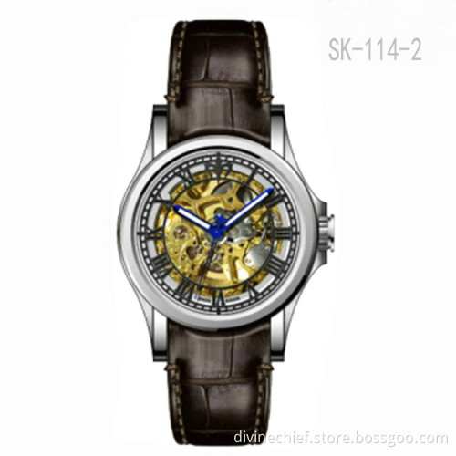 Factory Custom Watch Genuine Leather Watch Band Skeleton Movement Men Wrist Watches